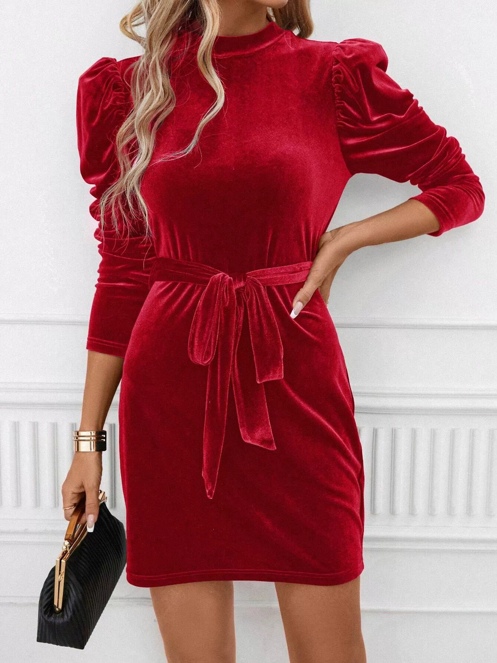 ZARA Elegant Velvet Party Tie Waist Slimming Long Sleeve Bodycon Mini Skirt